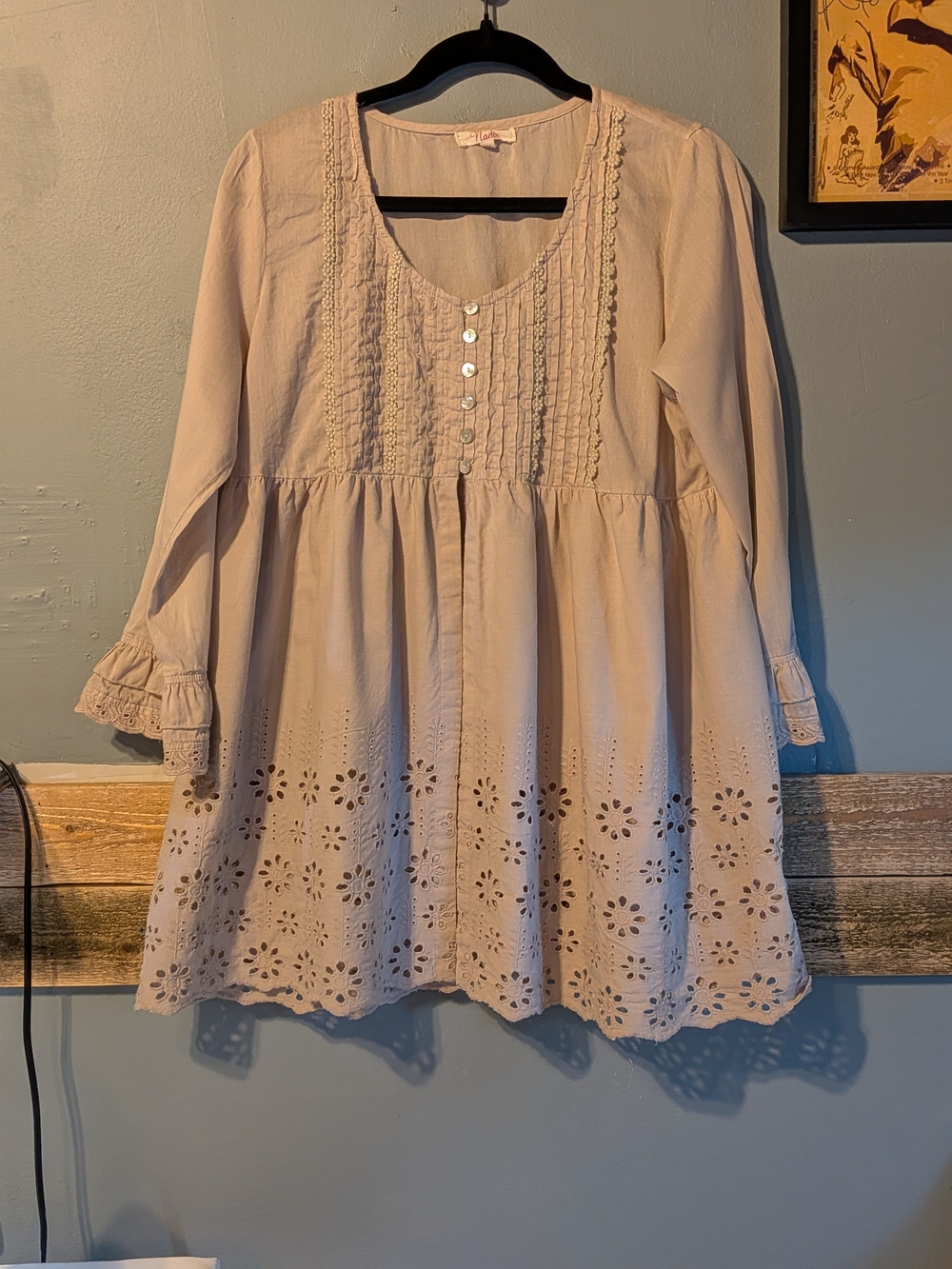 Nadir Positano Boho Eyelet Lace Tunic Blouse Beige Cottagcore Lagenlook XL